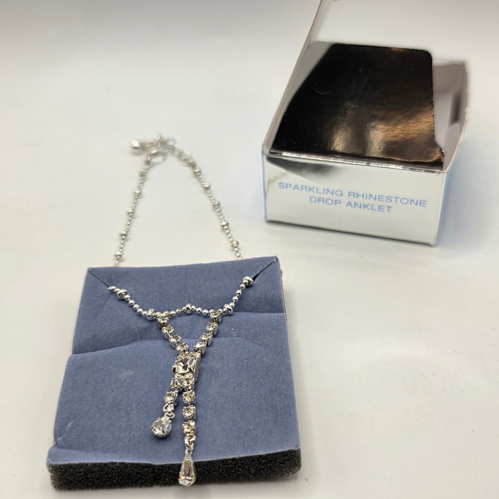 Avon Sparkling Rhinestone Drop Anklet Silver Tone Y-Drop Dangle Boxed Vintage